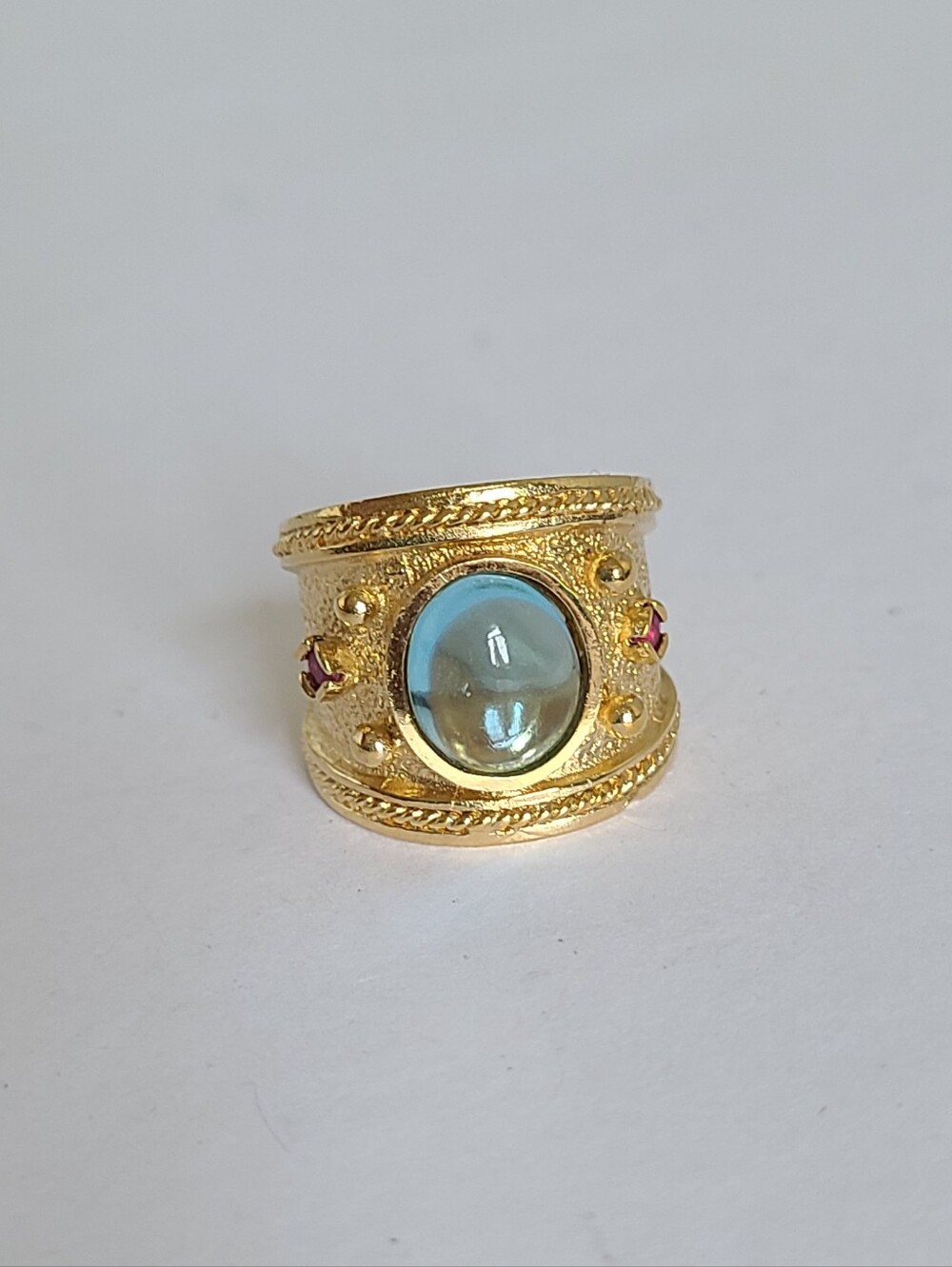 David Sigal TSC Boho Gold Sterling Silver Blue Topaz Red Ruby Wide Cocktail Ring